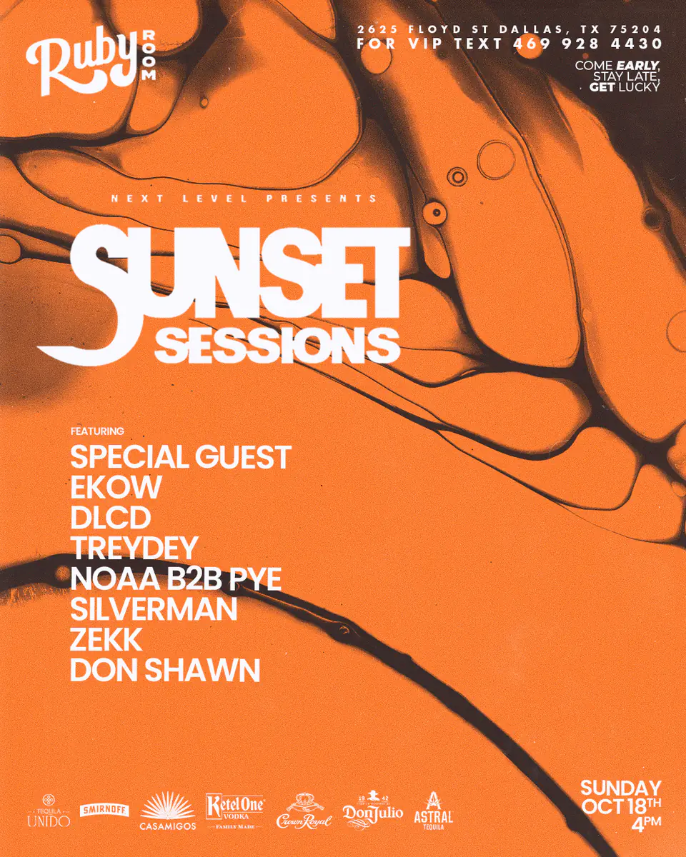 SUNSET SESSIONS - 10.18 flyer for Sunset Sessions at Green Light Social Dallas