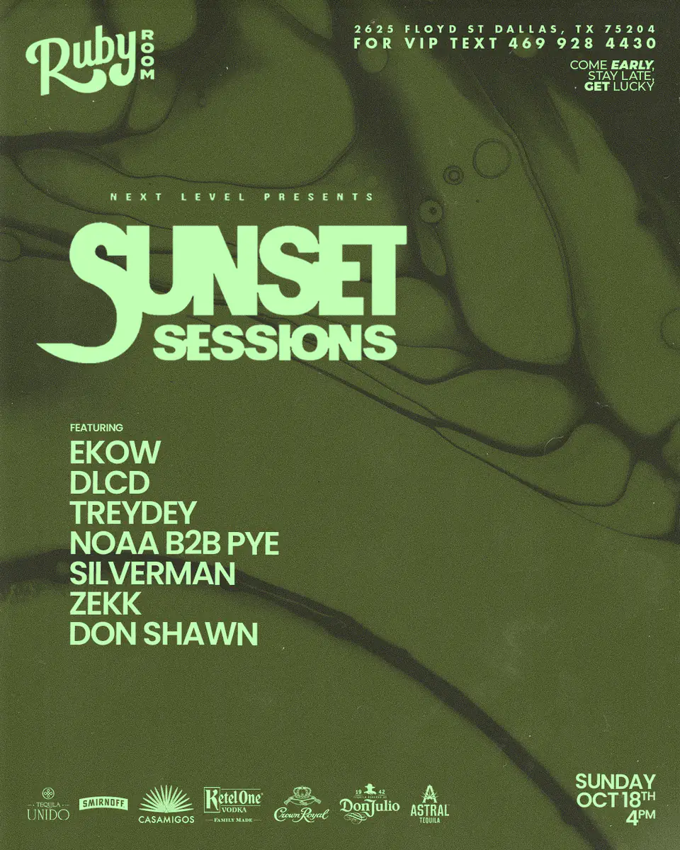 SUNSET SESSIONS - 10.18 flyer for Sunset Sessions at Green Light Social Dallas