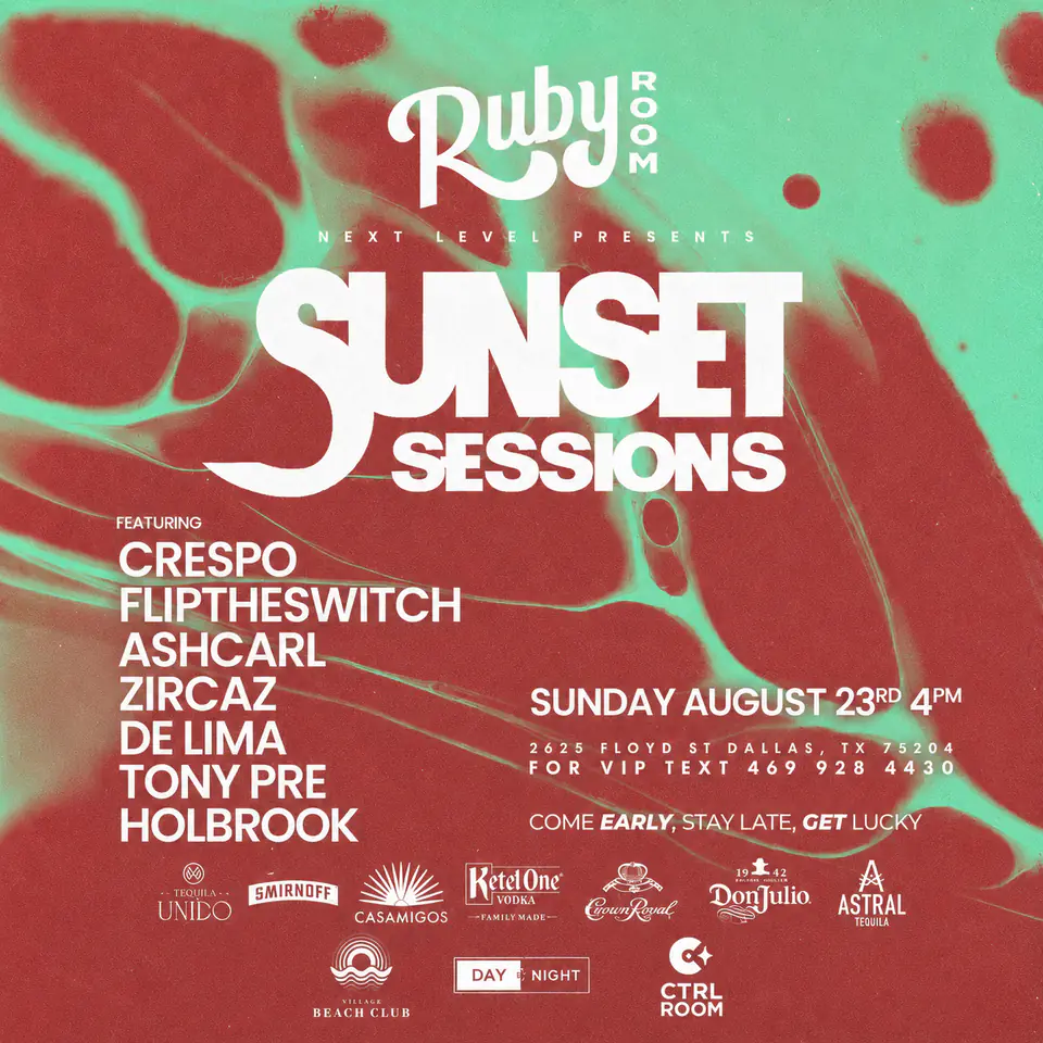 SUNSET SESSIONS - 8.23 flyer for Sunset Sessions at Green Light Social Dallas