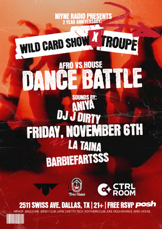 Nine Radio 2 Year Aniv at Tree Haus flyer for Tree Haus at CTRL Room Dallas
