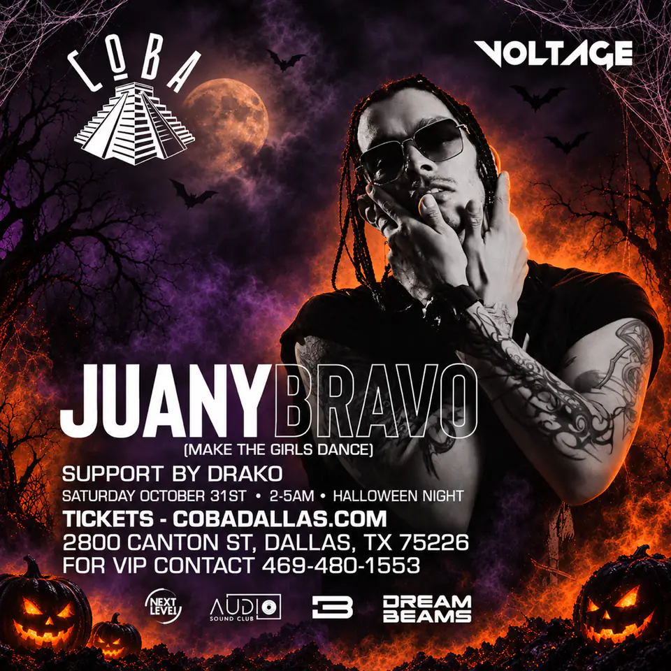Juany Bravo at Coba 10.31 Halloween Party flyer for COBA at Coba Dallas