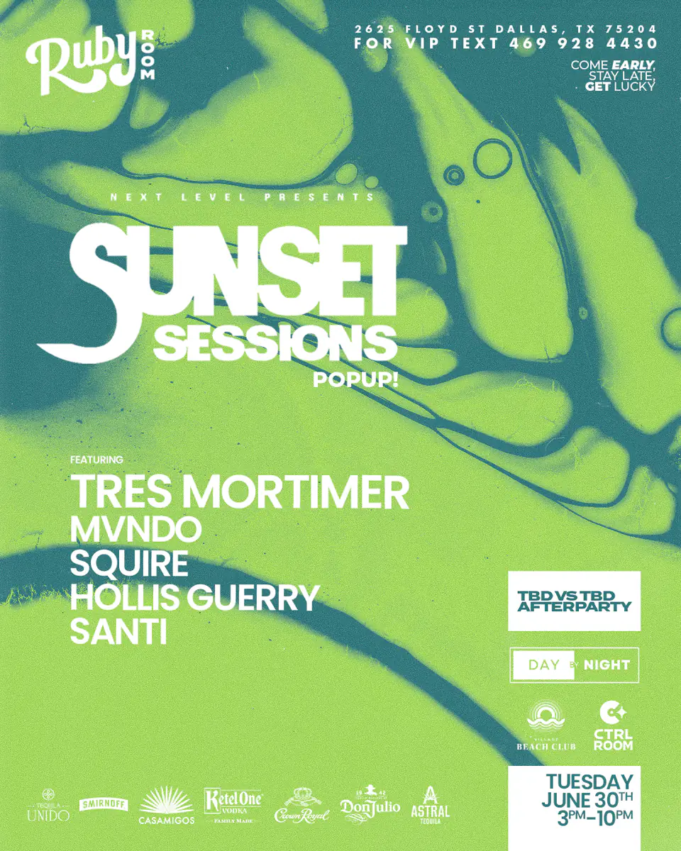 Sunset Sessions Pop Up: Tres Mortimer 6.30.26 flyer for Sunset Sessions at Green Light Social Dallas